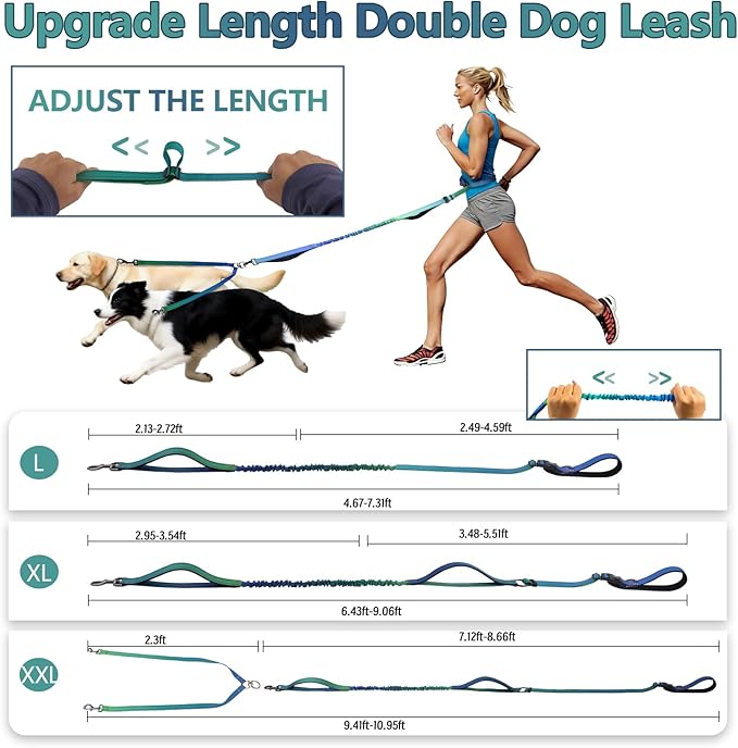 Roses&Poetry Hands Free Double Dog Leash for Two Dogs, 9-11ft Adjustable Bungee Walking Waist Lead, Dual Dog Leash with Tangle-Free Swivel for Medium Large Dogs Heavy Duty Running(Bluegreen)