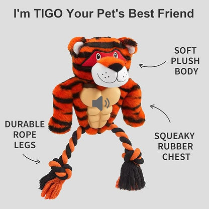 Durable Rope & Plush Dog Toy for Aggressive Chewers – Muscle Tiger Squeaky Tug Toy for Medium & Large Dogs, Interactive Chew & Play