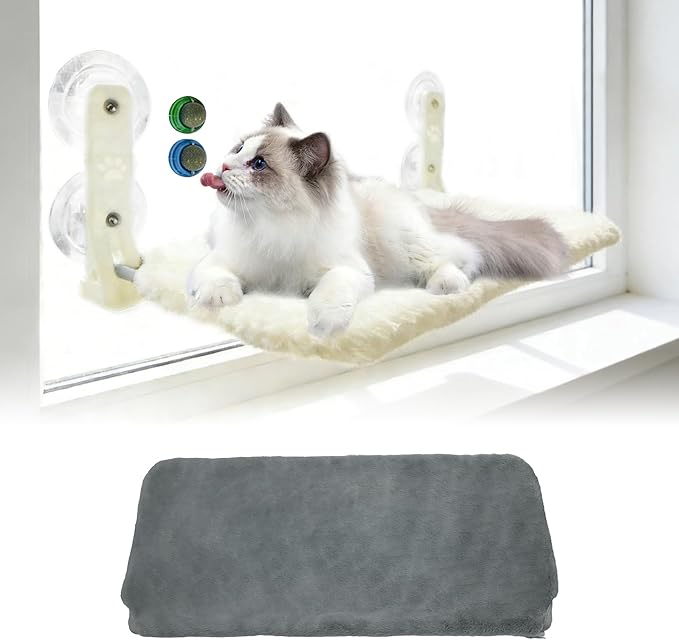 Cat Window Perch Hammock - Foldable Cordless with 4 Suction Cups for Indoor Cats, Space Saving Design,Reversible Cover with Two Different Kinds of Fabrics,40Lbs Load Capacity (52CM)
