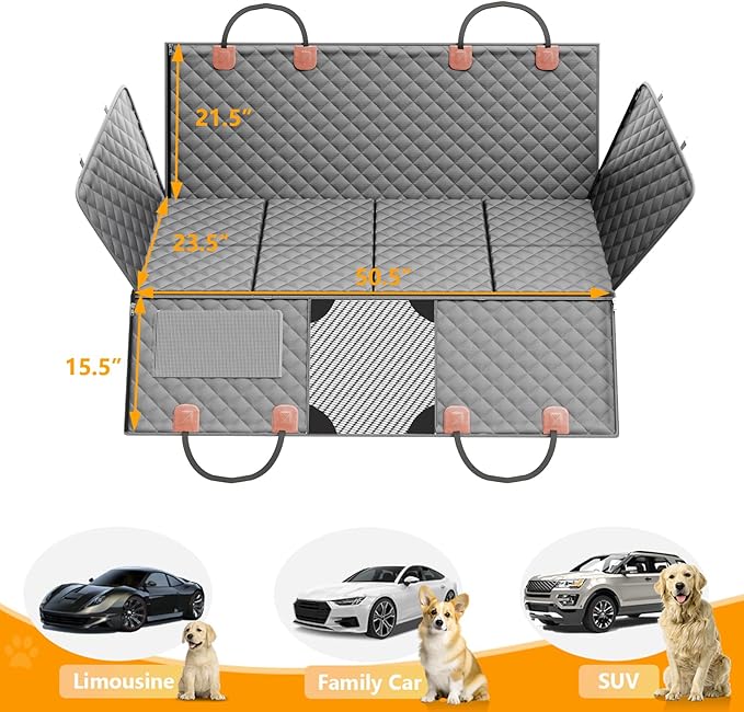PETICON Back Seat Extender for Dogs, Hard Bottom Dog Car Seat Cover - Supports 400lbs, Rear Seat Pet Cover with Mesh Window, Waterproof Dog Hammock for Car SUV