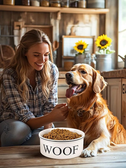 Ceramic Dog Bowl with Bone Pattern - 8" Extra Large Food Water Bowl for Medium and Large Dogs, Weighted, Microwave & Dishwasher Safe, 55 oz (Beige)