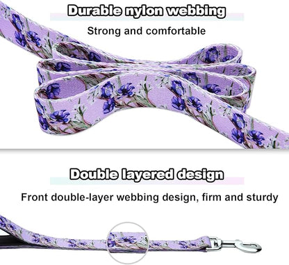 Double Handle Dog Leash 4ft with 2 Padded Handles, Cute Purple Dog Leash with Soft Dual Handle, Walking Training Lead for Small Medium Large Dogs, Lavender Lily