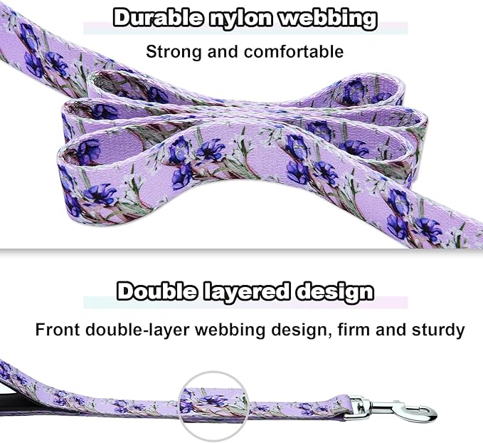 Double Handle Dog Leash 6ft with 2 Padded Handles, Cute Purple Dog Leash with Soft Dual Handle, Walking Training Lead for Medium and Large Dogs, Lavender Lily