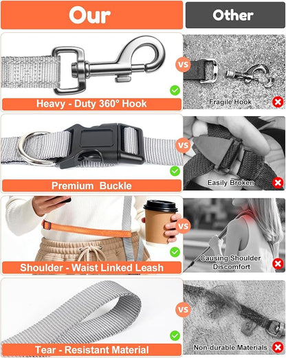 XiaZ Hands Free Dog Leash,Versatile Crossbody Dog Leash with Waist Support Strap,5.9-8 FT Waist Belt with Double Handles for Small Medium and Large Dogs Walking, Running and Jogging, Gray
