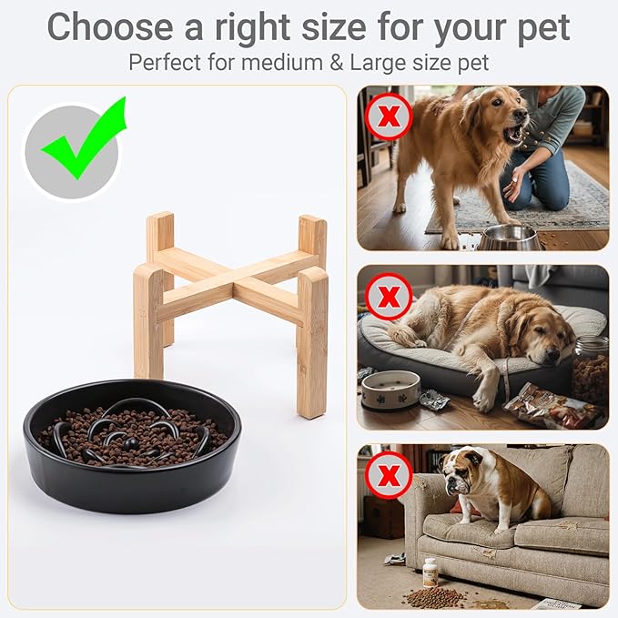 Ceramic Slow FeederDog Bowl for Medium Large Dogs,Heavy Weighted,Puzzle Eating Bowl Modern Maze (Black, 8.66in)