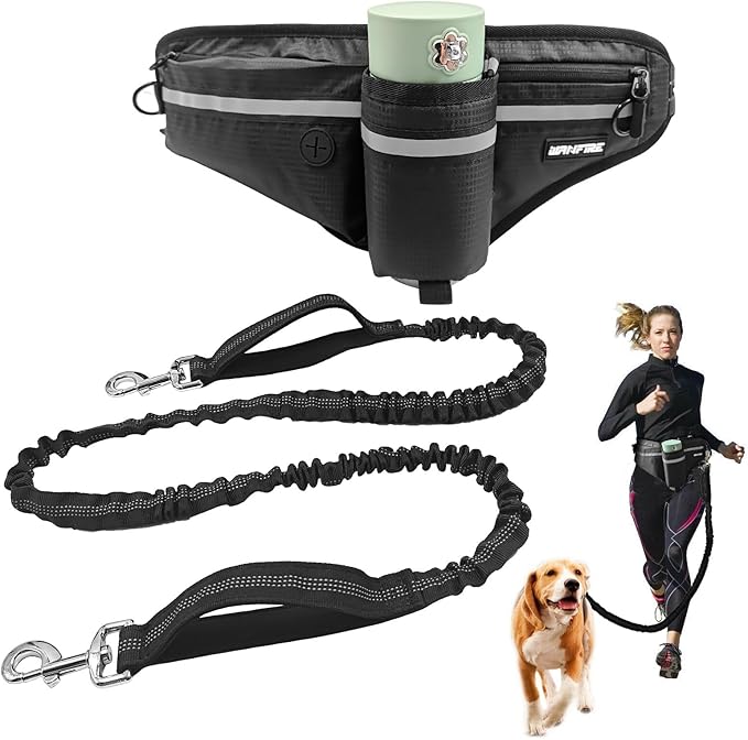 Hands Free Dog Leash with Dog Snack Waist Pack,1.4-2M Retractable Leash for Medium & Large Dogs, Waist Belt, Dual Handles, Reflective for City Walking & Running Outdoor Hiking &Travel etc.