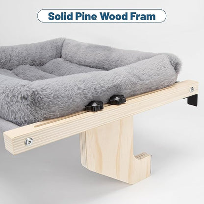 Cat Sill Window Perch - 100% Natural Pine Frame, Soft Rabbit Fur Cushion, Tool-Free Adjustment, Supports 40 lbs (Medium-Grey)