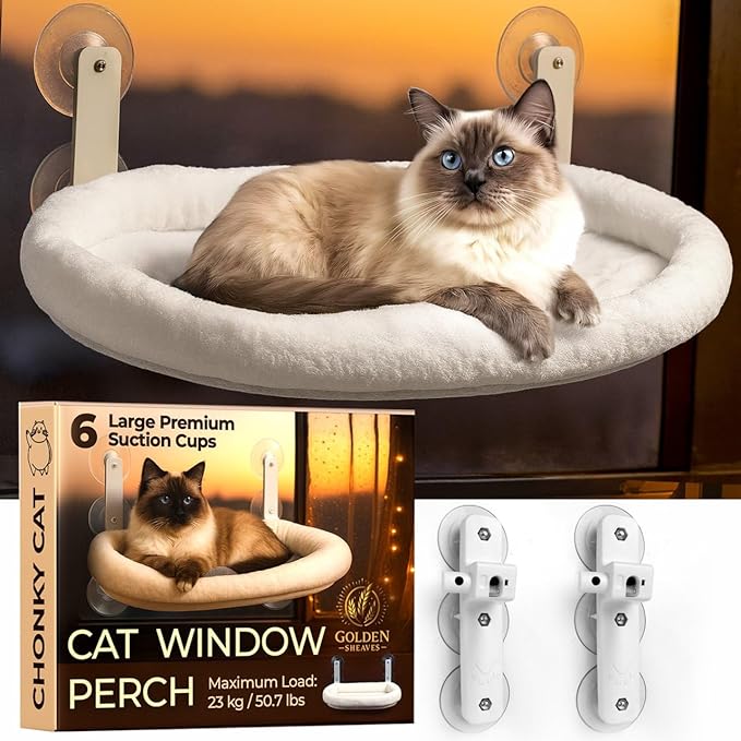 Cat Window Perch – Strong 6 Suction Cup Foldable Cat Hammock Bed for Large Cats and Kittens that Holds up to 50 lbs with Washable Reversible Cover, Sturdy Metal Frame for Window (White)