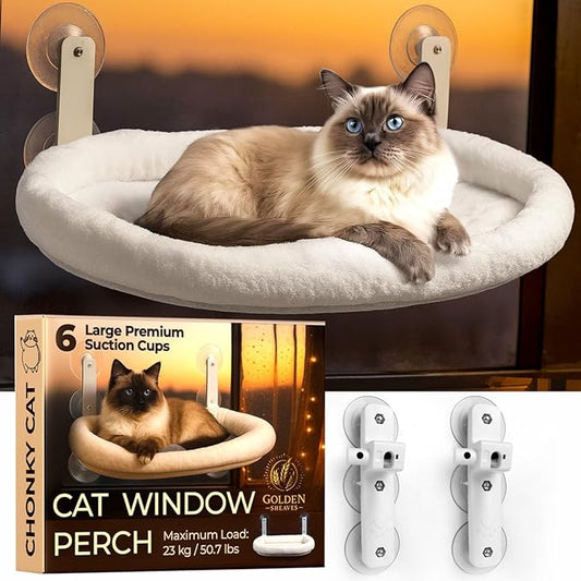 Cat Window Perch – Strong 6 Suction Cup Foldable Cat Hammock Bed for Large Cats and Kittens that Holds up to 50 lbs with Washable Reversible Cover, Sturdy Metal Frame for Window (White)
