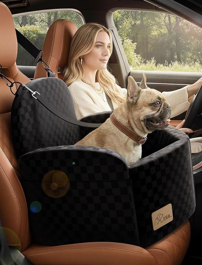 Dog Car Seat for Small/Medium Dogs Up to 35 lbs, Elevated Memory Foam Dog Booster Seat with 2 Safety Belts, Travel Safety Pet Car Seat with Detachable Washable Cover and Storage Pockets (Black/Black)
