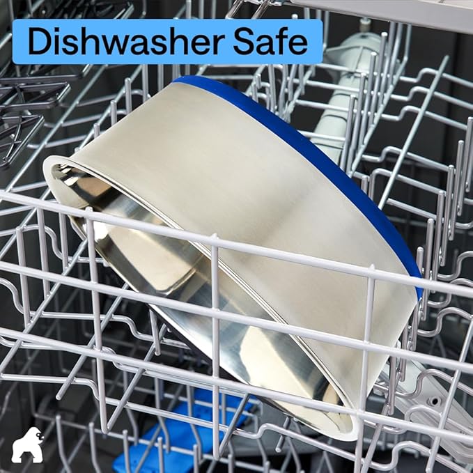 GORILLA GRIP Dog Bowls, Food Grade 304 Stainless Steel, Holds 2 Cups Each (16 fl oz) Food and Water Bowl for Feeding Dogs and Cats, Dishwasher Safe, Rust Resistant, BPA Free Rubber Base Set of 2 Blue