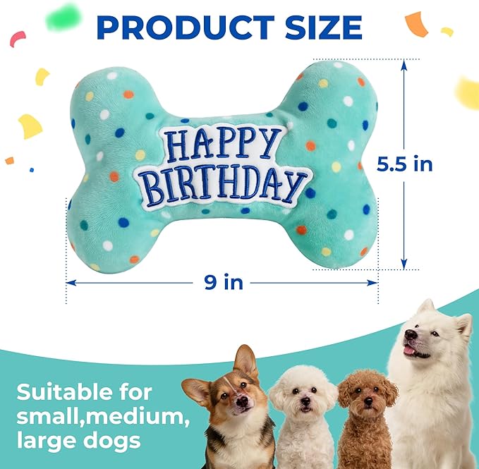 Prime Pets Dog Birthday Toys, Plush Dog Squeaky Toys, Stuffed Puppy Chew Toy for Small Medium Large Dogs, Bone Pet Toy