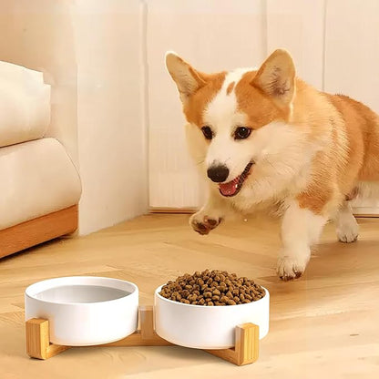 Kimdio Ceramic Dog Bowls with Wood Stand, 13.5OZ Pet Bowls Set of 2 for Medium Small Dogs and Cats - Non-Slip Base Cute Pet Food & Water Basic Bowls Glaze Matte-White
