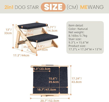 MEWANG Wood Pet Stairs & Ramp for Small/Medium Dogs and Cats, Aging Pets – 3-in-1 Foldable, Portable, Non-Slip Pet Ladder for Tall Beds, Couches,Cars–Holds Up to 220 lbs (17.3" L x 17.2" W x 13.0" H)