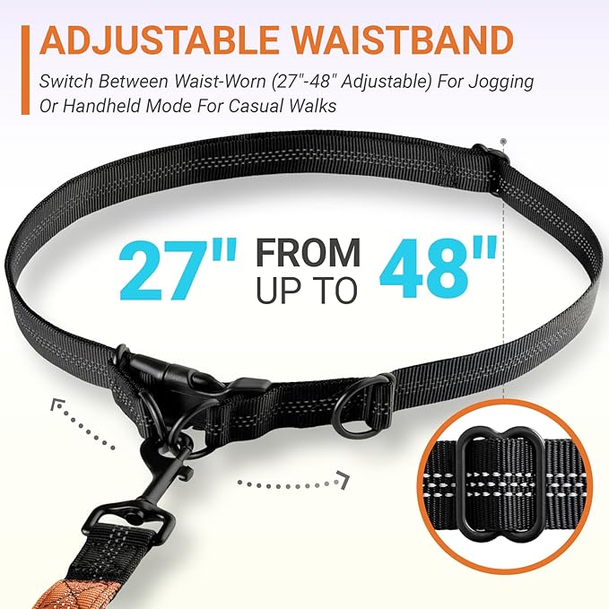 4-6 FT Hands-Free Dog Leash for Running & Walking - Adjustable Waist Belt (28-47"), Shock-Absorbing Bungee, 2 Reinforced Handles, Reflective & Anti-Pull for Small/Medium Dogs, Orange