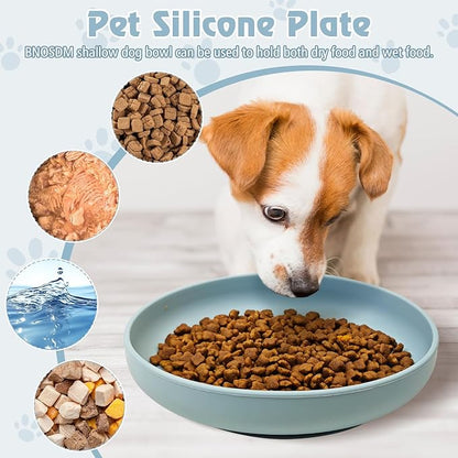 BNOSDM Silicone Cat Bowl Non-Slip Cat Food Plate Flat Dog Bowls with Suction Cup Shallow Puppy Food and Water Dish for Small and Medium Pets (Gray-Blue)