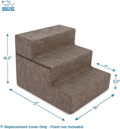 Best Pet Supplies Dog Stairs & Steps - Foam Steps for Small Dogs & Cats, Non-Slip Indoor Balanced Pet Step Support, Dog Ramp, No Assembly, Brown Linen, Foldable 3-Step (16.5-inch Height)