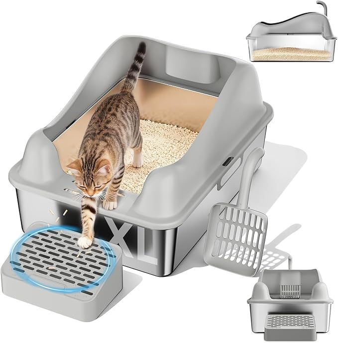 GTPLAYER Stainless Steel Litter Box for Big & Multiple Cats, Easy Clean Odor-Resistant Design, High Sided Leak-Proof Litter Box with Mat & Scoop – Grey 1 Pack