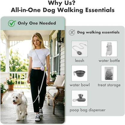 Dog Water Bottle Portable with Hands Free Leash, 3 in 1 Dog Water Bottles for Walking with Crossbody Strap, Retractable Leash & Treat Poop Bag Dispenser for Small Dogs Travel Hiking(Off-White)
