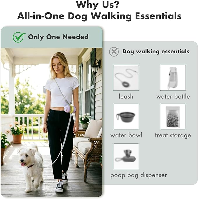 Dog Water Bottle Portable with Hands Free Leash, 3 in 1 Dog Water Bottles for Walking with Crossbody Strap, Retractable Leash & Treat Poop Bag Dispenser for Small Dogs Travel Hiking(Mint Green)
