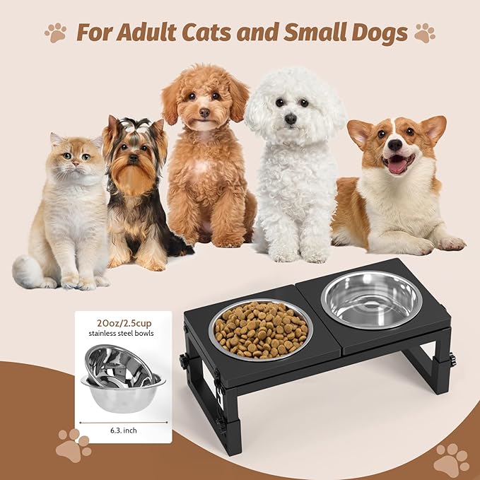 Dog Bowls Elevated Small, 3 Height(4.2" to 6") & Angle (0-20°) Adjustable Raised Dog Bowl Stand, Elevated Dogs Bowl Stand Pet, Sturdy Metal Dogs Feeding Station with 2X 20oz (2.5cup) Dishes