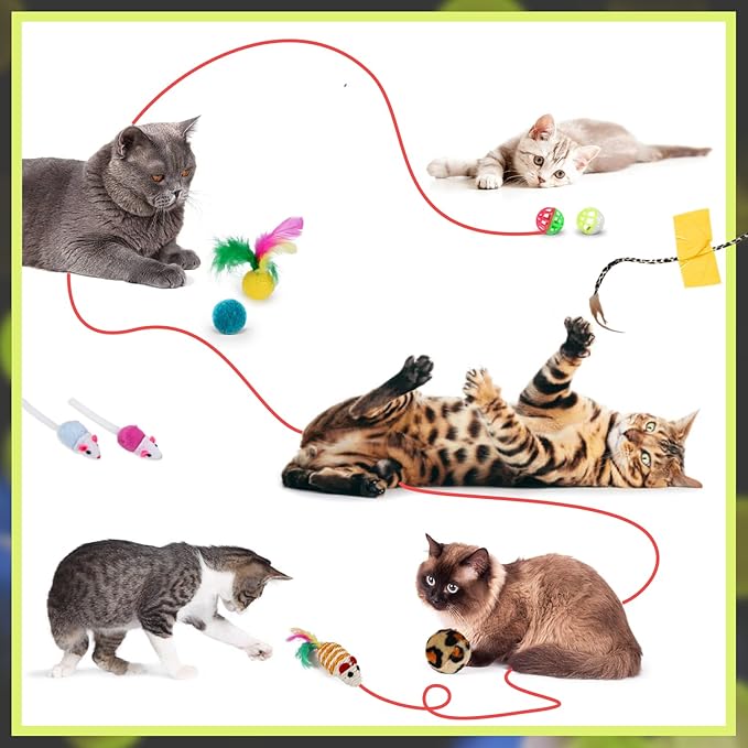 21 PCS Cat Toys Kitten Toys Set – Interactive Cat Tunnel with Feather Wand, Plush Mice, Crinkle Balls, Jingle Balls, Spring Toys – Indoor Play Set for Cats, Kittens, Rabbits, Puppies