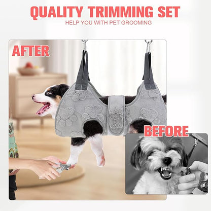 PAWCHIE Dog Grooming Hammock Harness for Dogs & Cats with Pet Nail Clipper Trimmer,Cat Hanger Sling for Trimming Clipping Nails,Warm Plush Dog Hammock Restraint Bag for Small Medium Large Dogs,Grey M