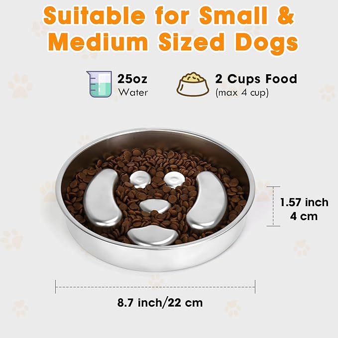 Stainless Steel Slow Feed Dog Bowl, 2 Pack Metal Slow Feeder Dog Bowls & Lick Bowl Plate, 2 Cups Double-Sided Non-Slip Small Medium Fast Eaters Puppy Puzzle Maze Slow Eating Dish for Dry Wet Raw Food