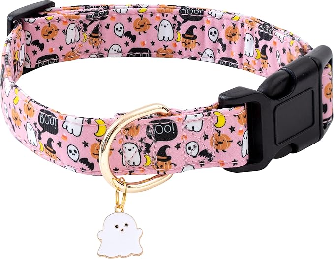 Faygarsle Halloween Fall Dog Collar - Fashionable & Cute for Small to Large Dogs - Pink Cotton Collar with Spectre Pumpkin Pattern - XS