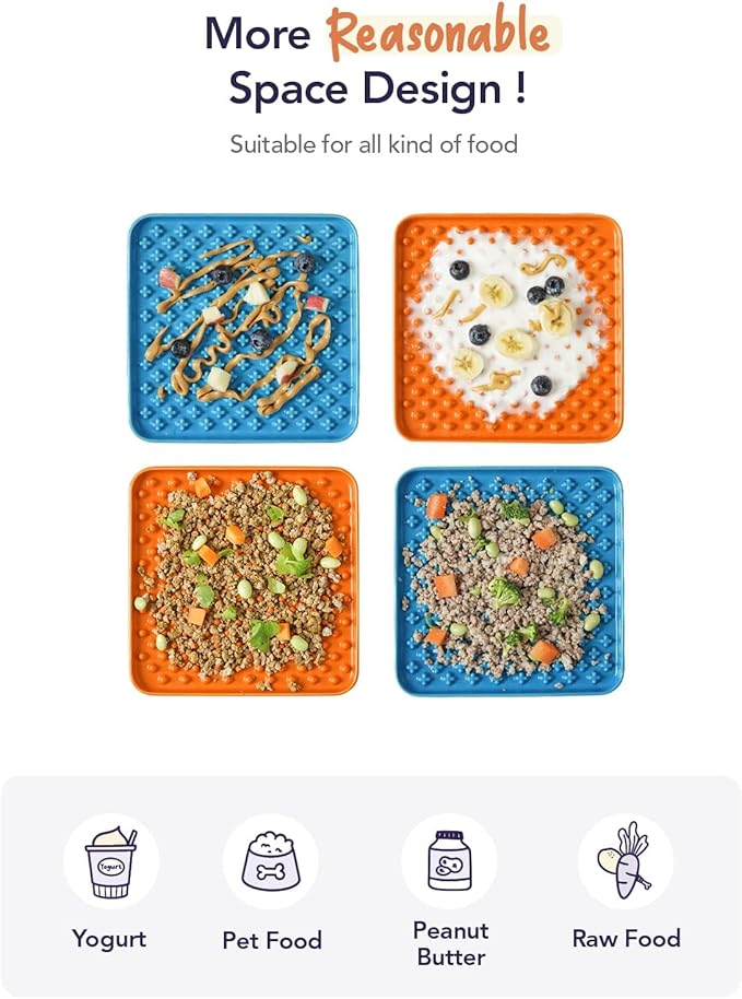 LE TAUCI PET Slow Feeder Dog Bowl, 7.5 Inch Lick Mat for Medium and Large Breed, Anxiety Relief Licking Mat, Puzzle Feeder for Peanut Butter, Treats, Pet Enrichment Toys, Set of 2, Blue and Orange