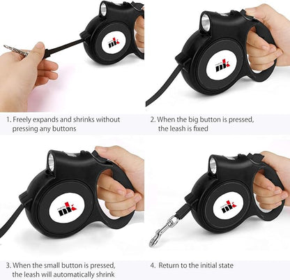 Retractable Dog Leash with LED Light Makife 5m Extendable Dog Lead for Small Medium Puppis up to 25kgs, One-Hand Brake & Lock System, Ergonomic Handle - Black