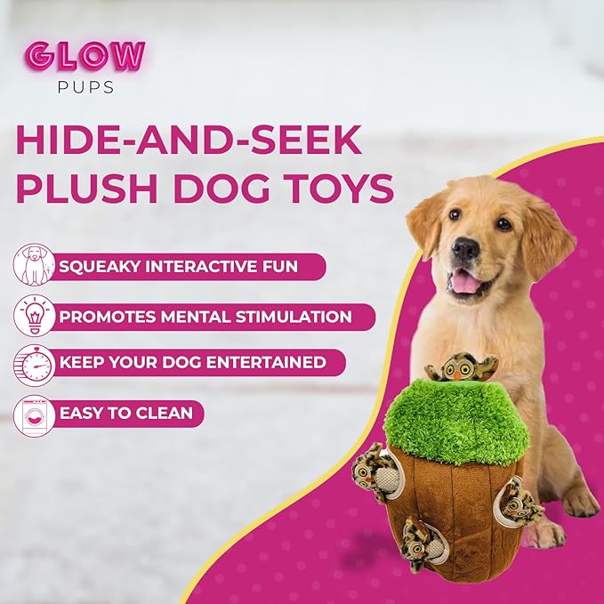 Glow Pups Dog Hide and Seek Toy, Interactive Burrow Dog Toy with Squeaker, Plush Owl in Tree for Small Dogs, Promotes Mental Stimulation, Woodland Style, Brown, 3-Pack