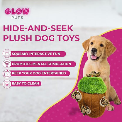 Glow Pups Dog Puzzle Toy Tree with Hide and Seek Squeaky Owl Plush Toys, Interactive Fun for Small and Medium Dogs, Promotes Mental Stimulation, Large Green Forest Animal