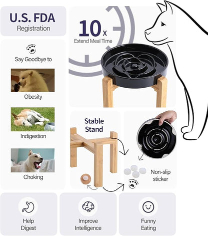 Black 8.66 in Dog Bowl Ceramic Slow Feeder for Medium Large Dogs,Elevated/Raised Slow Feeding Dog Food Water Dish Heavy Weighted,Puppy Dish for Fast Eaters,Puzzle Eating Bowl Modern Maze