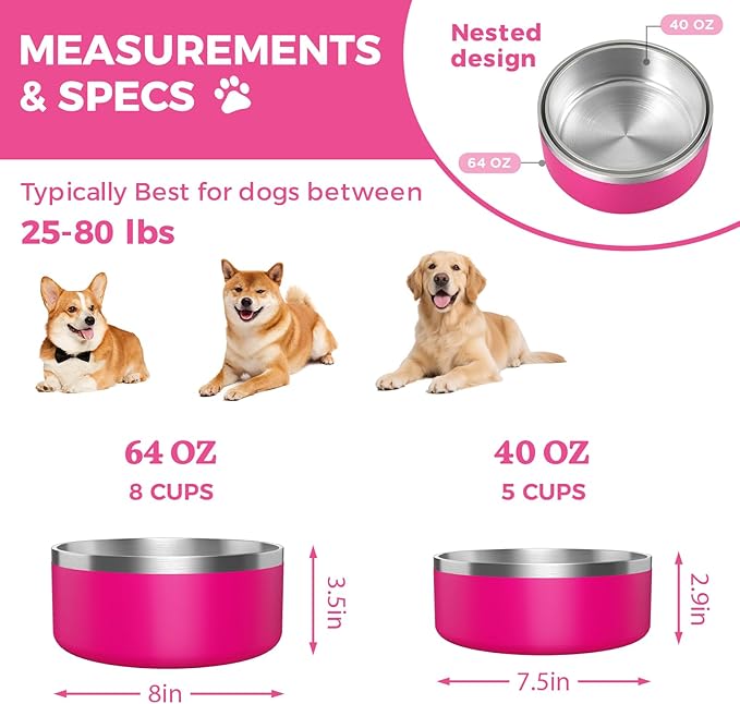 2 Pack Stainless Steel Dog Bowls, Outdoor Dog Water Bowl with Non Slip Rubber Bottom, Dishwasher Safe, Easy to Clean,40oz&64oz Pitaya
