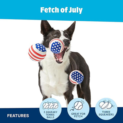 Barkbox Fetch of July Rubber Tennis Balls for Dogs & Puppies | Patriotic Trio of Squeaky Fetch Balls for Bounce, Chase & Play | Durable, Festive & Fun for Playful Pups