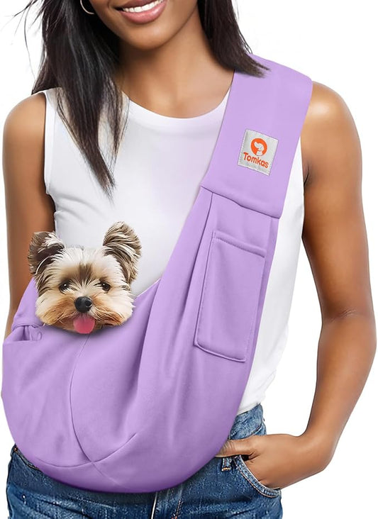 Tomkas Small Dog Cat Sling Carrier Puppy Purse Travel Wrap Soft Crossbody Pet Bag (Light Purple, M - Classic Pocket & Classic Strap)