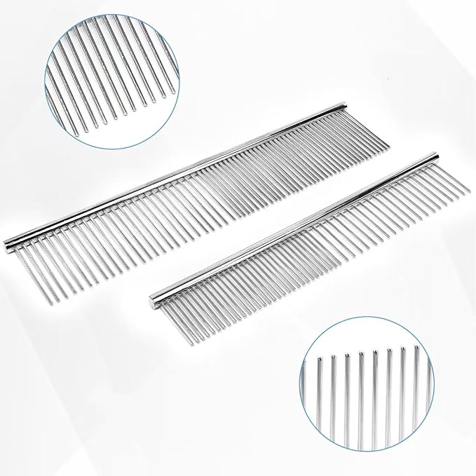 2PCS Metal Pet Combs,Different Spaced Rounded End Teeth Detangler Deshedding Comb for Dog,Cat,Pet