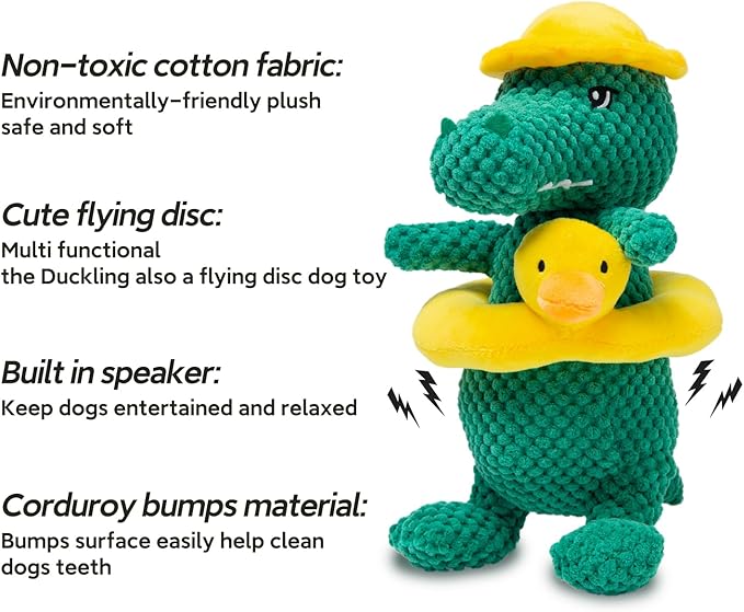 Squeaky Dinosaur Dog Toy - Multifunctional 2 in 1 Funny Plush Stuffed Animal Interactive Dog Toy Frisbee for Chewers Puppy Small Big Large Breed Dogs