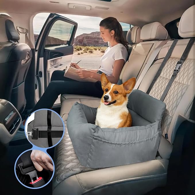 Dog Car Seat for Small Dogs, Pet Booster Seat with Clip-On Safety Leash and Storage Pockets, Washable Travel Dog Car Bed for Puppy (Gray Green)