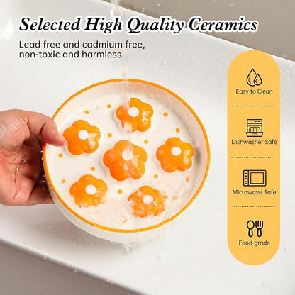Ceramic Cat Slow Feeder Bowl - 6 OZ Puzzle Food Dish for Healthy Eating - Shallow Wide Whisker Friendly - Dishwasher Safe - 6.3''W x 1.2''H - 6 OZ - Bright Orange Flower
