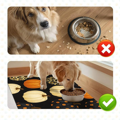 Fall Pumpkin Pet Feeding Mat Thankgiving Theme Dog and Cat Food Mat Non Slip Pet Bowl Mats with Leopard and Polka Dot Pumpkin Design for Autumn Home Kitchen Cat Accessories 24" x 16"