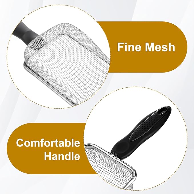 Stainless Steel Mesh Litter Shovel, Fine Mesh Metal Reptile Litter Cleaner Scooper, Black Non-Slip Handle Sifter for Lizard Substrate Reptile Terrarium Sand Waste