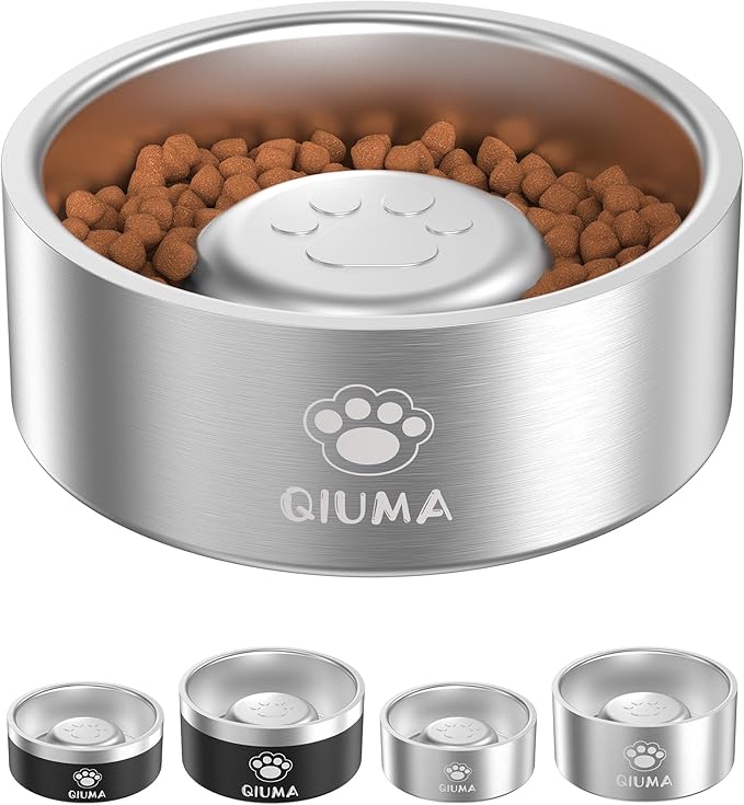 Slow Feeder Dog Bowls Stainless Steel, Food-Grade 304 Dog Slow Feeder Bowl 2 Cups Capacity, Heavy Duty Double-Layer with Non-Slip Base, Pet Puzzle Bowl for Small & Medium Dogs (Silver)