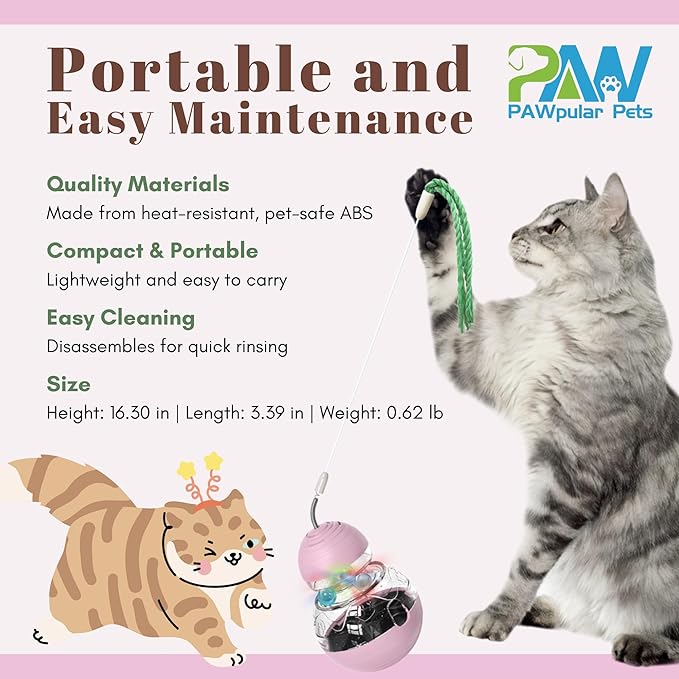 Interactive Cat Toy for Bored Indoor Cats, Tumbler Design with Teaser Wand, Cat Food Dispenser & Treat Puzzle Toy, Kitten Enrichment Toys for Mental Stimulation & Slower Eating (Pink)