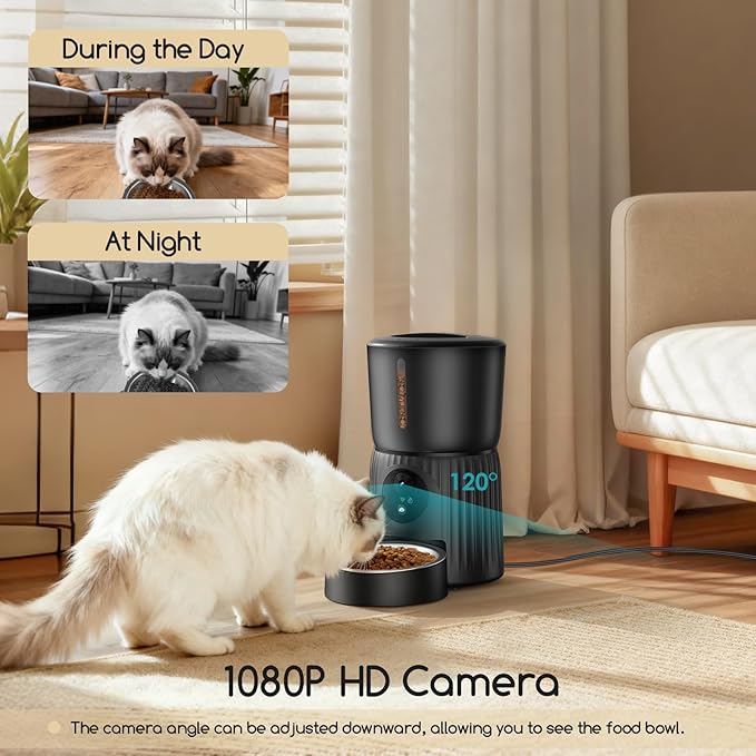 Faroro Automatic Cat Feeder with Camera, 1080P HD Video with Night Vision, 5G WiFi Automatic Dog Feeder with APP Control, 2-Way Audio, Blockage Sensor for Cats or Small Dogs, 4L (Black)