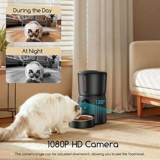 Faroro Automatic Cat Feeder with Camera, 1080P HD Video with Night Vision, 5G WiFi Automatic Dog Feeder with APP Control, 2-Way Audio, Blockage Sensor for Cats or Small Dogs, 4L (Black)