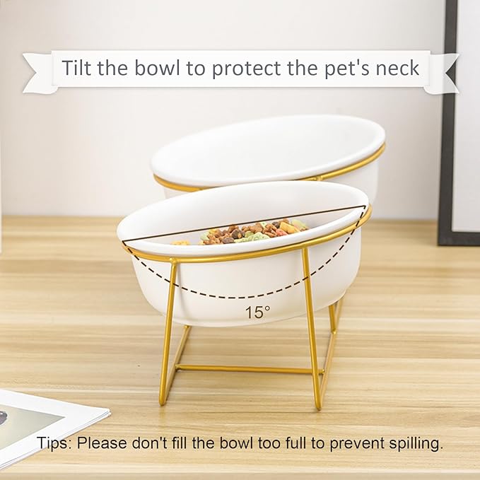 Large Small Double Elevated Dog Bowls - Raised Dog Bowl - Ceramic Dog Cat Bowl Set for Food and Water - Pet Comfort Feeding Bowls with Gold Iron Stand