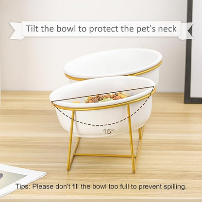 Large Small Double Elevated Dog Bowls - Raised Dog Bowl - Ceramic Dog Cat Bowl Set for Food and Water - Pet Comfort Feeding Bowls with Gold Iron Stand