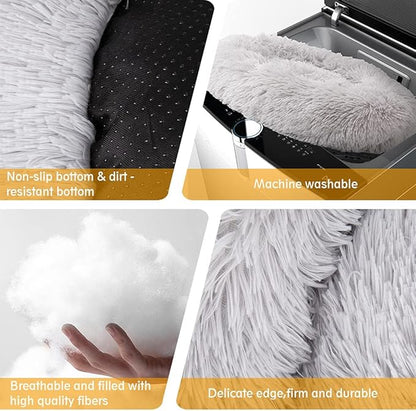 Original Calming Donut Dog and Cat Bed in Shag Fur, Dog Beds for Melium Dogs, Anti Anxiety Round Fluffy Plush Faux Fur Pet Bed, Light Grey, 27.6'' x 27.6''